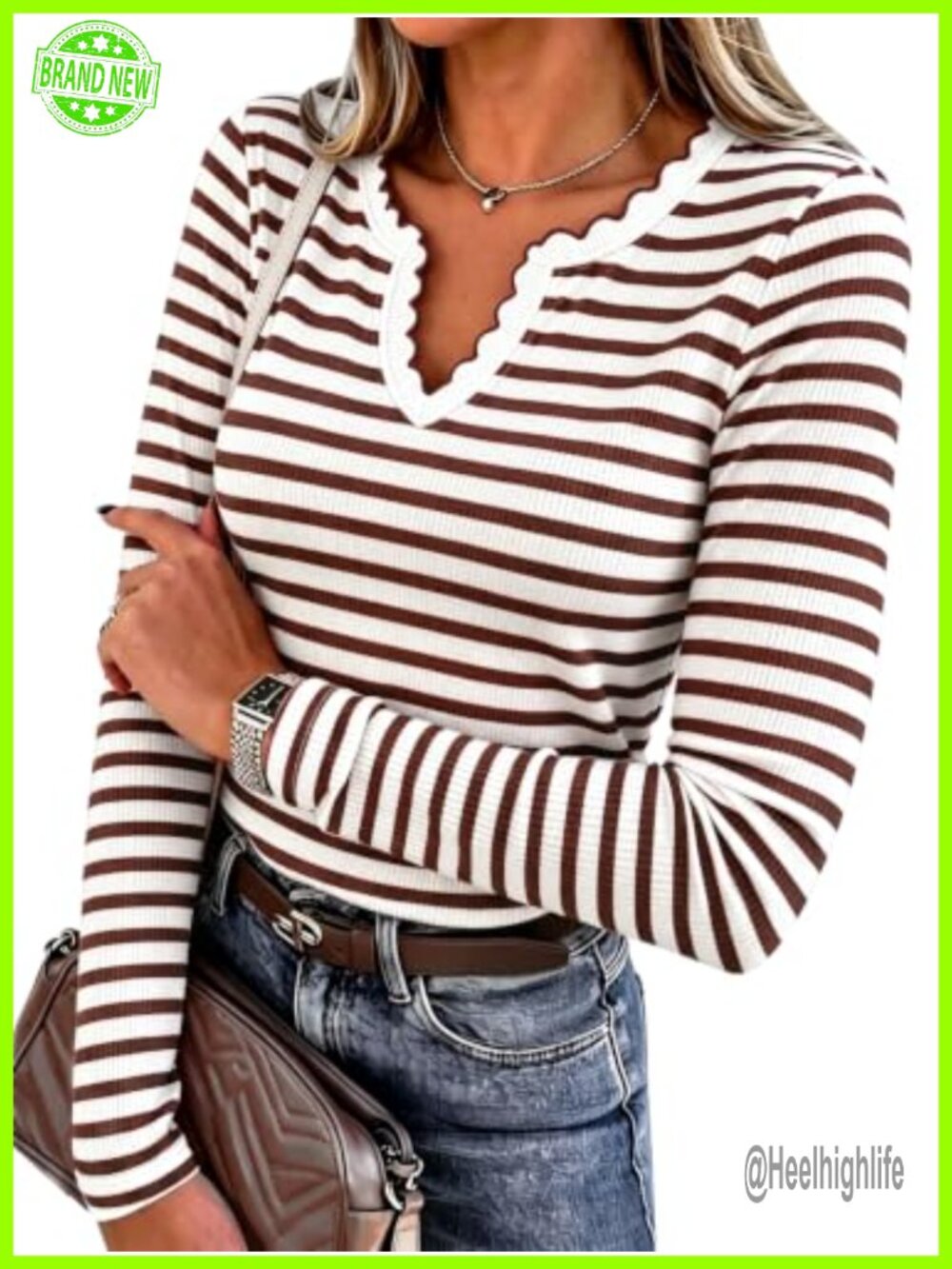 Striped Polo V Neck Long Sleeve Pullover Knit Sweater Top Slim Fit